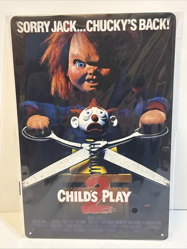 Letrero metálico con póster de la película Child's Play 2, decoración para habitación de películas de terror, letrero de aluminio y estaño