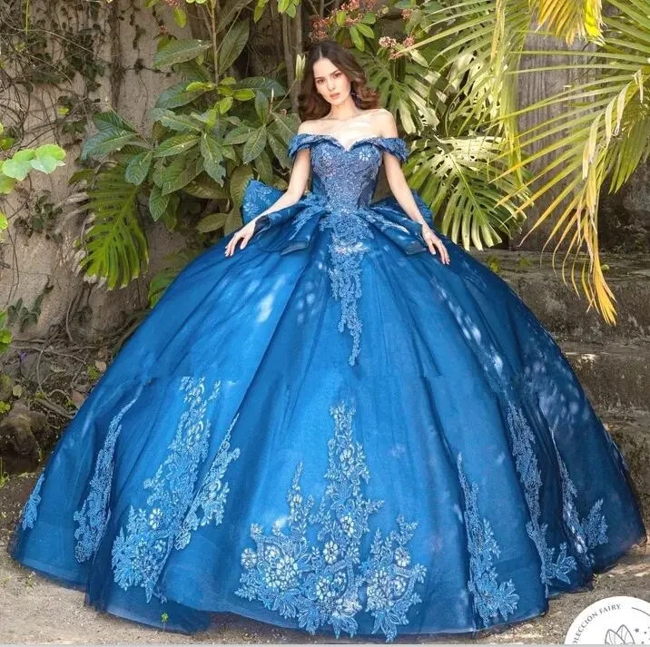 Royal Blue Charro Quinceanera Dresses Ball Gown Off The Shoulder Tulle Appliques Puffy Mexican Sweet 16 Dresses 15 Anos