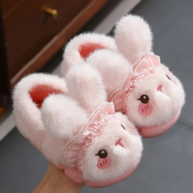 

Cartoon Rabbit Fluffy Fur Children's Indoor Slippers 2025 Winter Non Slip Thick Bottom Home Slippers Warm Plush Children Slides