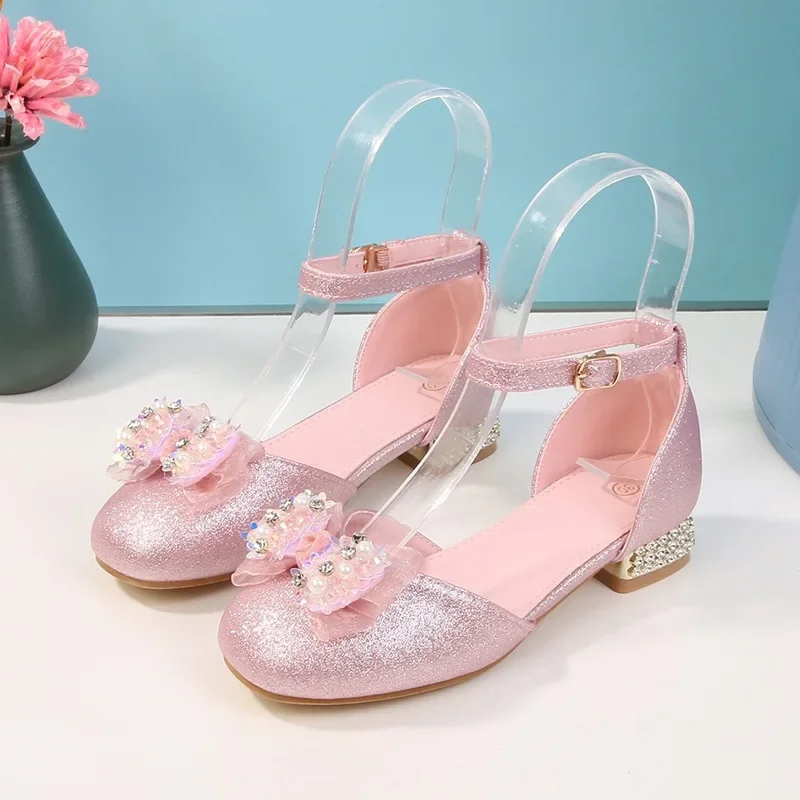 Girls Sequins High Heel Children's Princess Sandals Summer New Cute Rhinestone Bow Leather Shoes for Stage Performance