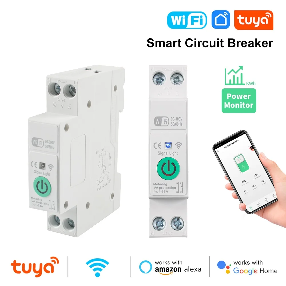 

Tuya 1-63A Adjustable Wifi Smart Circuit Breaker Switch With Power Monitor 1P Din Rail Kwh Timer MCB for Google Home Alexa Alice