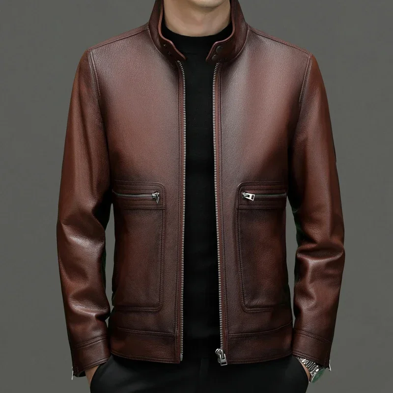 New Men's Fashion Business Solid Color Leather Casual Slim Handsome Trend All Match Gentleman Windproof Lapel Jacket Goat Coat