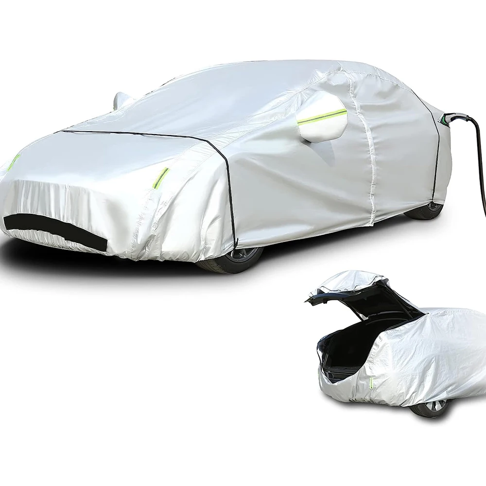 All Weather Car Cover for Tesla Model 3/Y with Ventilated Mesh Zipper Door Charge Port Opening Trunk Opening Storage Bag