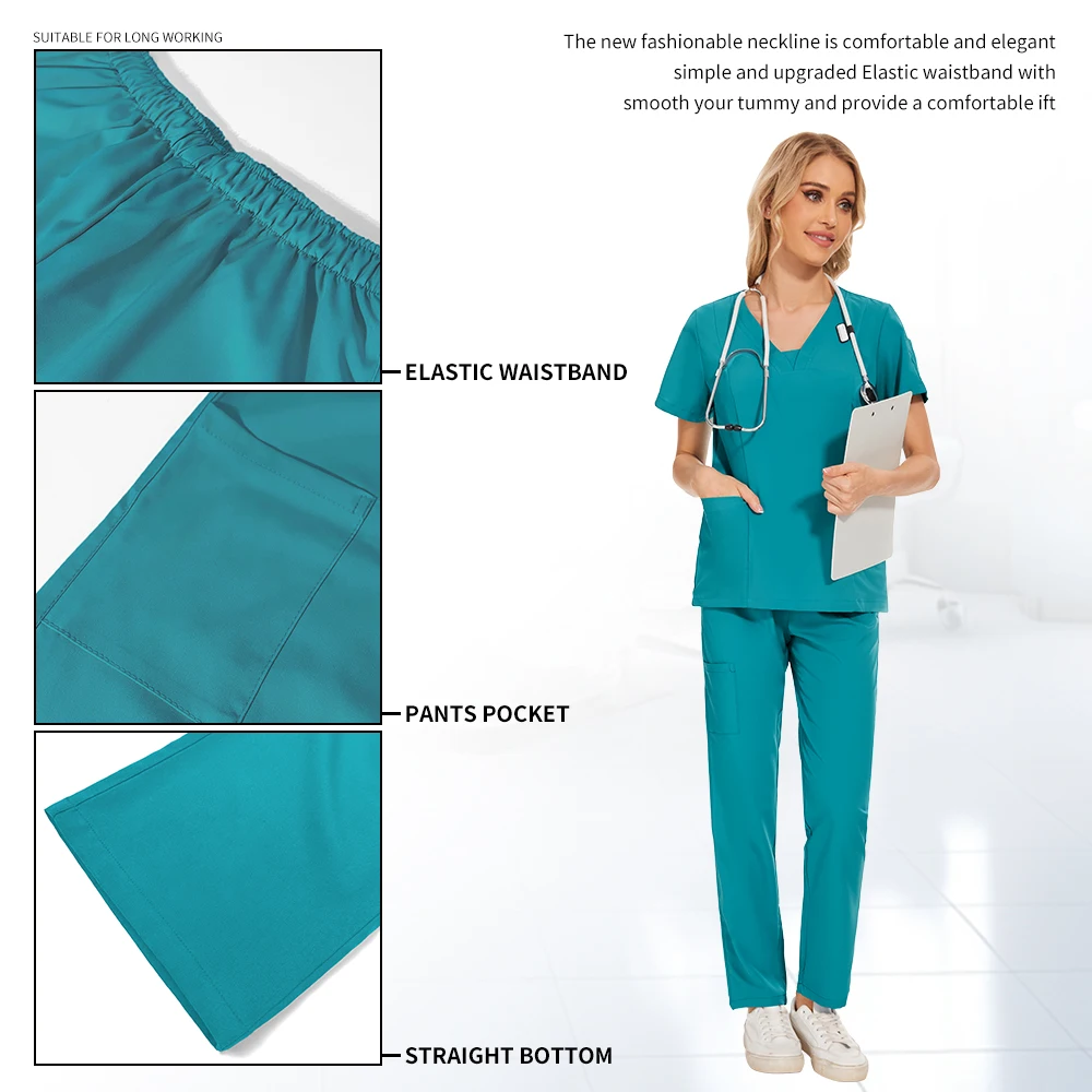 Nurse Uniforms Elatic Solid Color Scrubs Tops Pants Set Women Men Dental Hospital Surgical Suits Pet Clinic Vet Medical Uniforms
