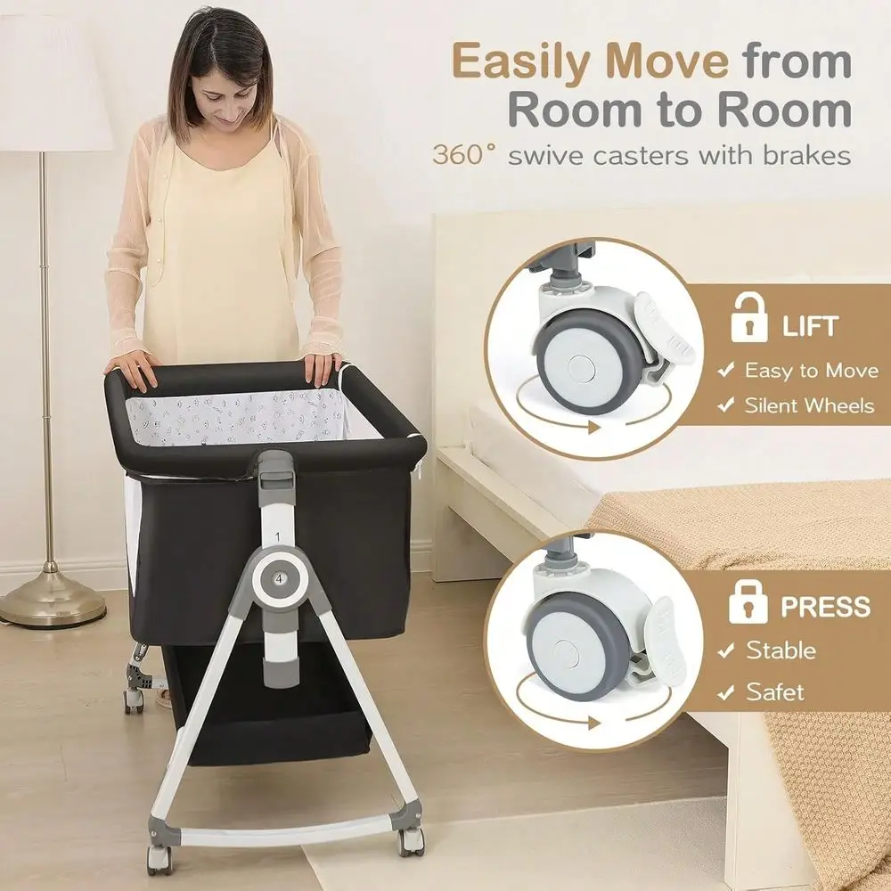 Bassinet, Bedside Bassinet For Baby, 4 In 1 Bassinet Bedside Sleeper With Locked Wheels, Mosquito Net, Adjustable Easy Folding view 2