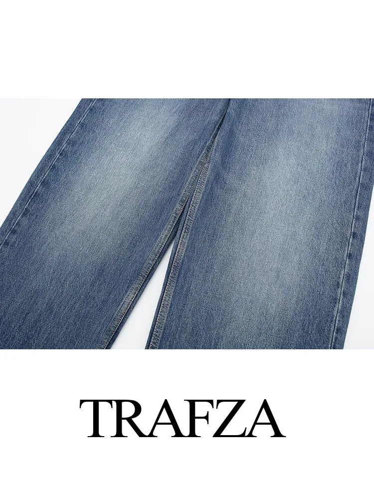 TRAFZA 여성용 데님 바지, 캐주얼 운동 지퍼, 와일드 스트리트웨어, 미드 웨이스트 스트레이트 팬츠, 블루, 여름 신상 패션