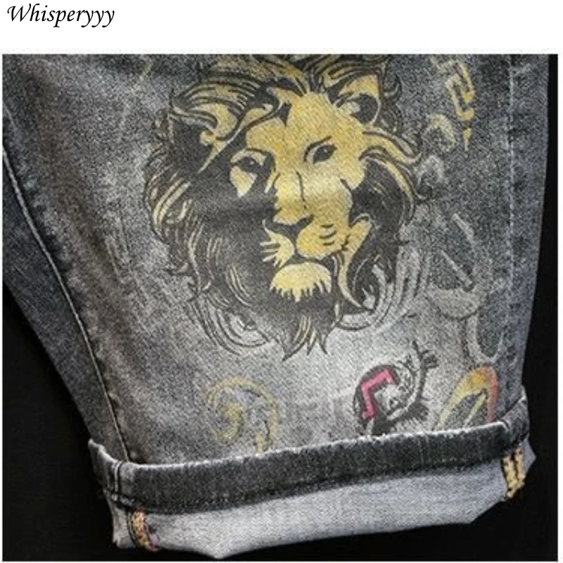 Summer Black Gray Ripped Denim Shorts Men's Fashion Casual Five-point Pants Korean Printed Pattern Medium Pants Male Jeans