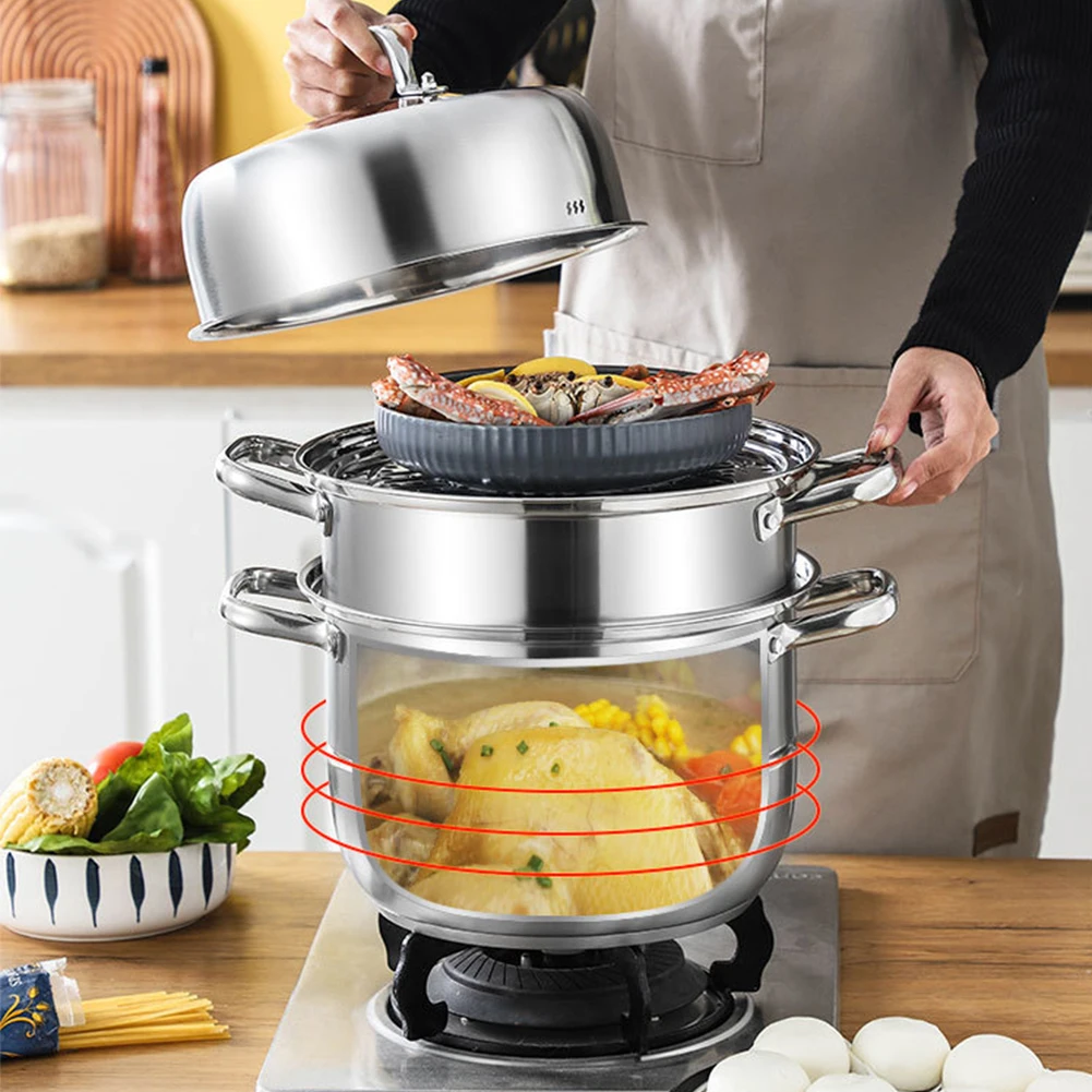 

11 Inch 3 Tier Stainless Steel Steamer Pot with Lid Handle Cookware Pot Thick Food Steamer for Vegetable Dumpling Stock Food