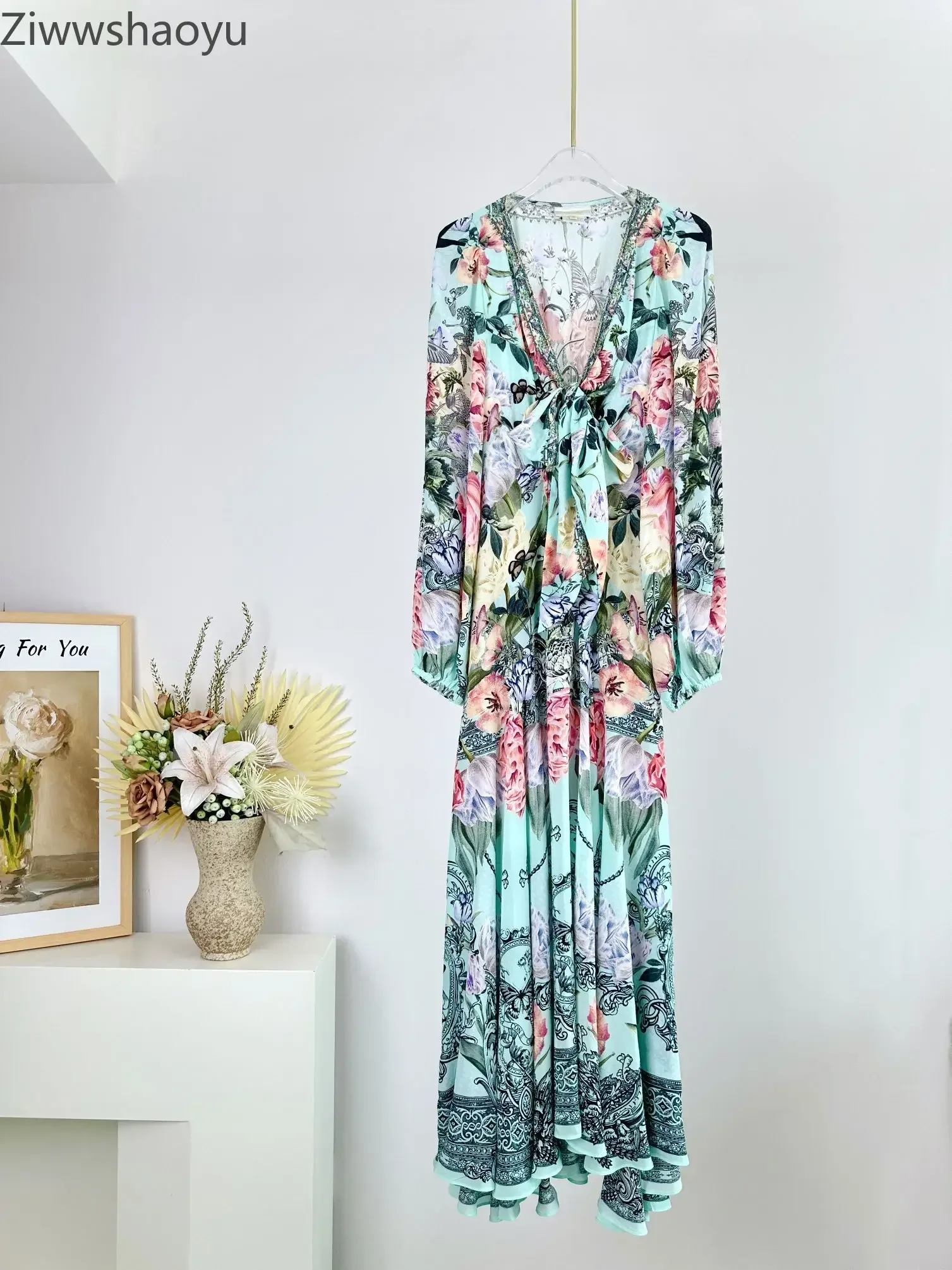 

High Quality Autumn Women Fashion Runway Designer 100% Silk Floral Printed Beaded Lace-up Bow Vintage Full Sleeve Holiday Dress