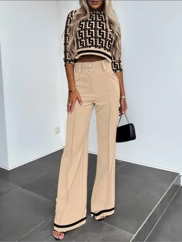 Ensemble chemise et pantalon décontracté à manches longues pour femme, tenue de bureau, mode printemps-automne, couleur unie, col rond, haut et pantalon, ensemble deux pièces, 2023