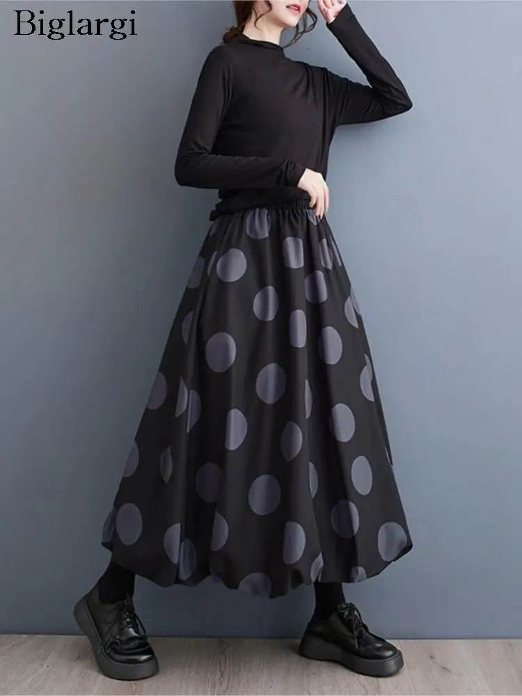 Übergroße Herbst Winter Midi Rock Frauen Polka Dot Print Modis Plissee Damen röcke hohe Taille lose lässige Frau Rock