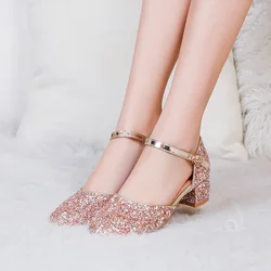 2024 New Summer Girls Party Shoes Princess Sandals Sequined Cloth Leather Glitter Buckle Strap Block Heel Kids Gift Shoes