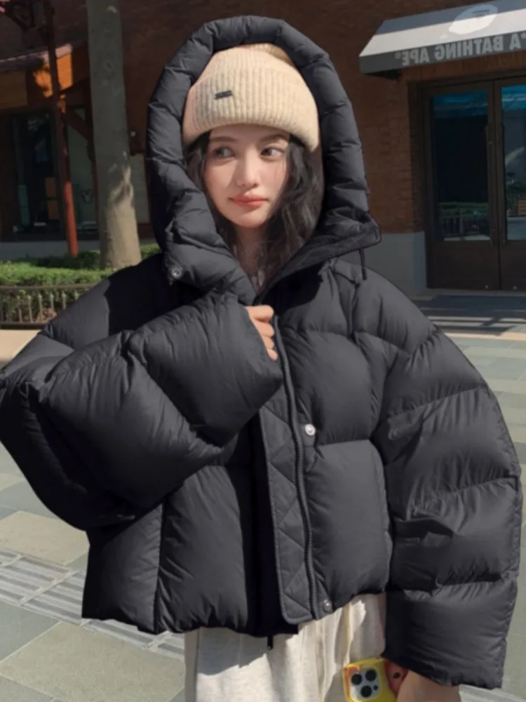 Short Down Jacket for Women Light Down Hooded Warm Bread Clothing Fluffy Puffer Jacket American Winter Fashion New 2024