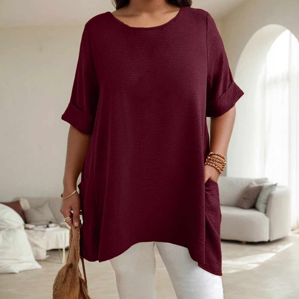 حجم كبير المرأة الصلبة س الرقبة انخفض الكتف كم جيوب تونك القمم الصيف السيدات بلوزة كاجوال تي شيرت تي شيرت حجم 1XL-5XL