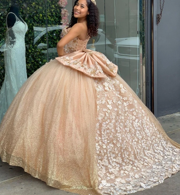 Shiny Golden Quinceanera Dress Princess White Flower Vestidos De 15 Anos Sixteen Birthday Sequin Sweet 16 Fifteen Xv Customized