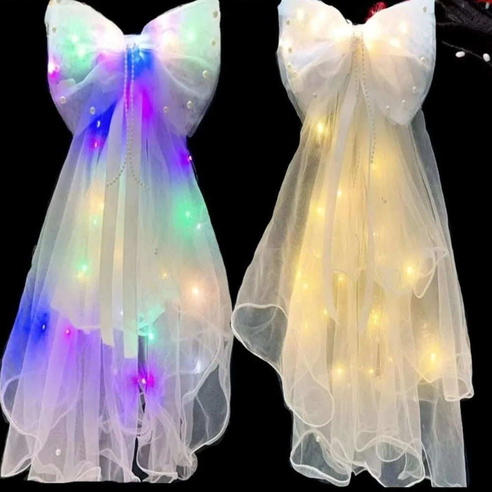 Gift LED Light Glowing Veil Ribbon Bow Soft Tulle Two Layers Bridal Wedding Veils Dress Up Glitter Veil for Women Girls