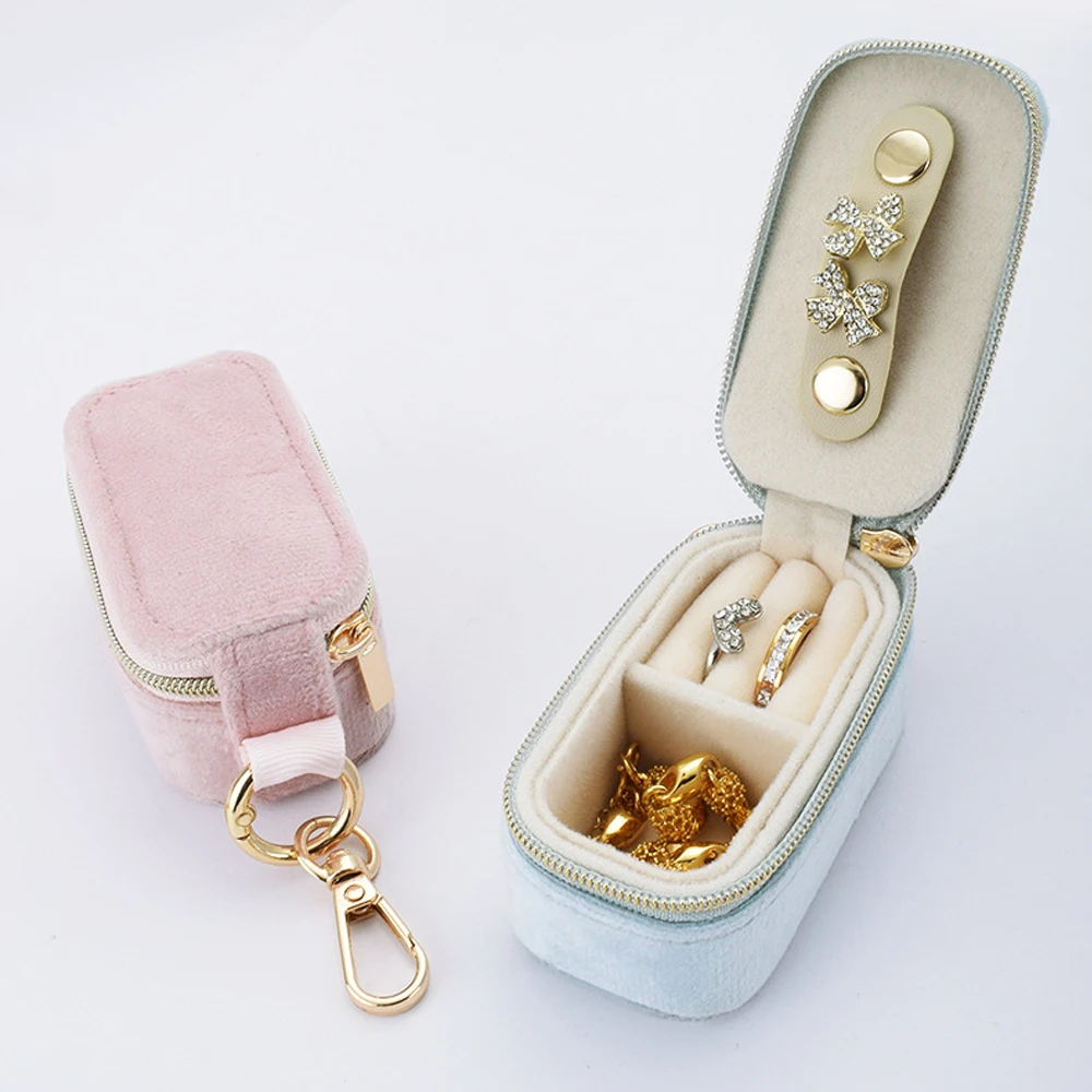 Portable Mini Velvet Jewelry Storage Box With Keychain Travel Jewelry Organizer Case Bag Hangings Earrings Necklace Ring Display