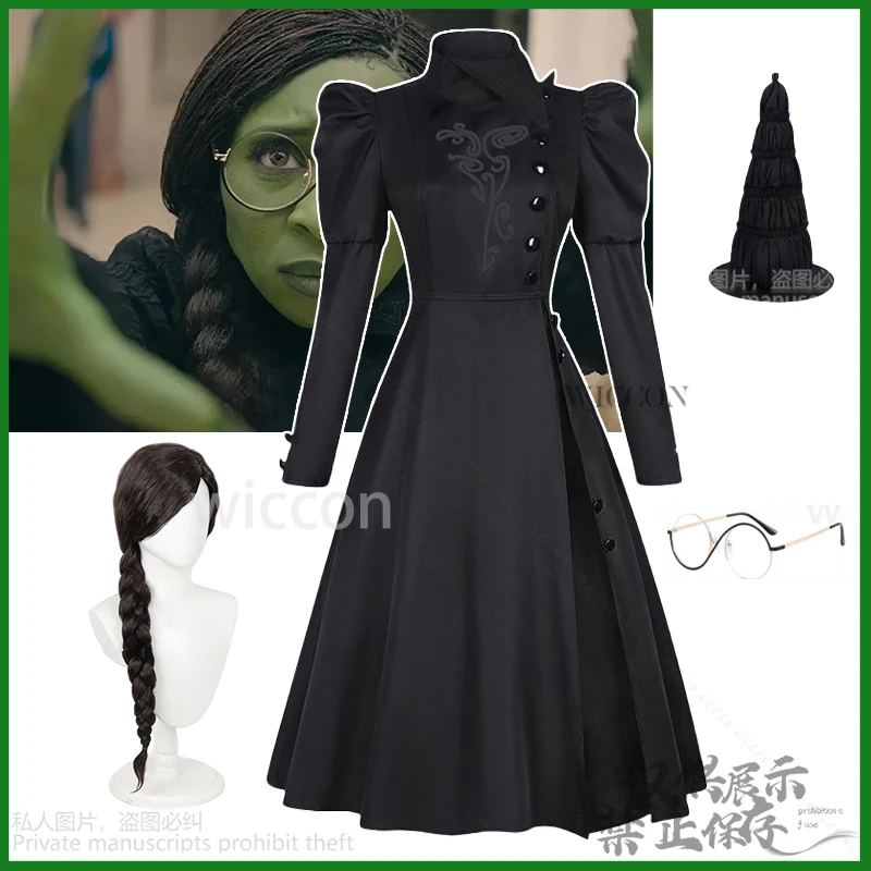 

Elphaba Anime Movie Wicked Cosplay Costume Witches Gotic Dress Black Lolita Hat Glasses Wigs For Halloween Christmas Customized