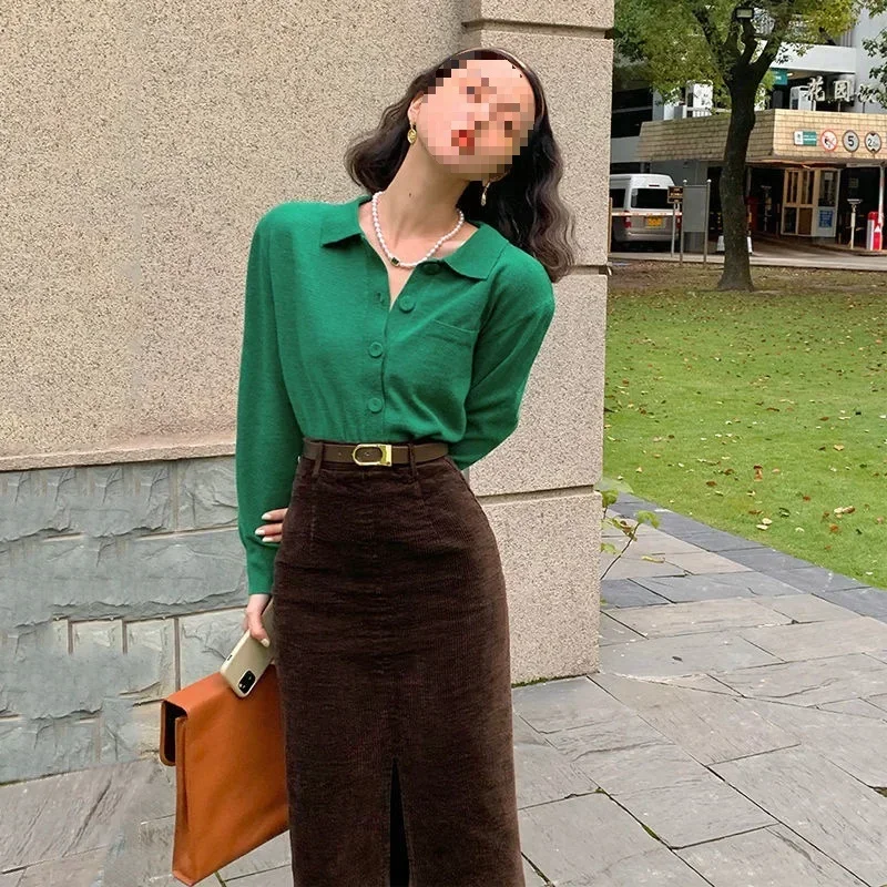 Vintage Brown Corduroy Skirts Women Autumn Winter Elegant with Belt Split Pencil Skirt Fashion High Waist Slim Midi Skirt Female