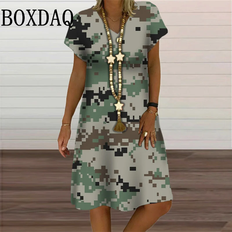 2024 Women Dress Camouflage Print Midi Dresses Fashion Streetwear Short Sleeve Vestidos Casual V-Neck Oversized Summer Clothing