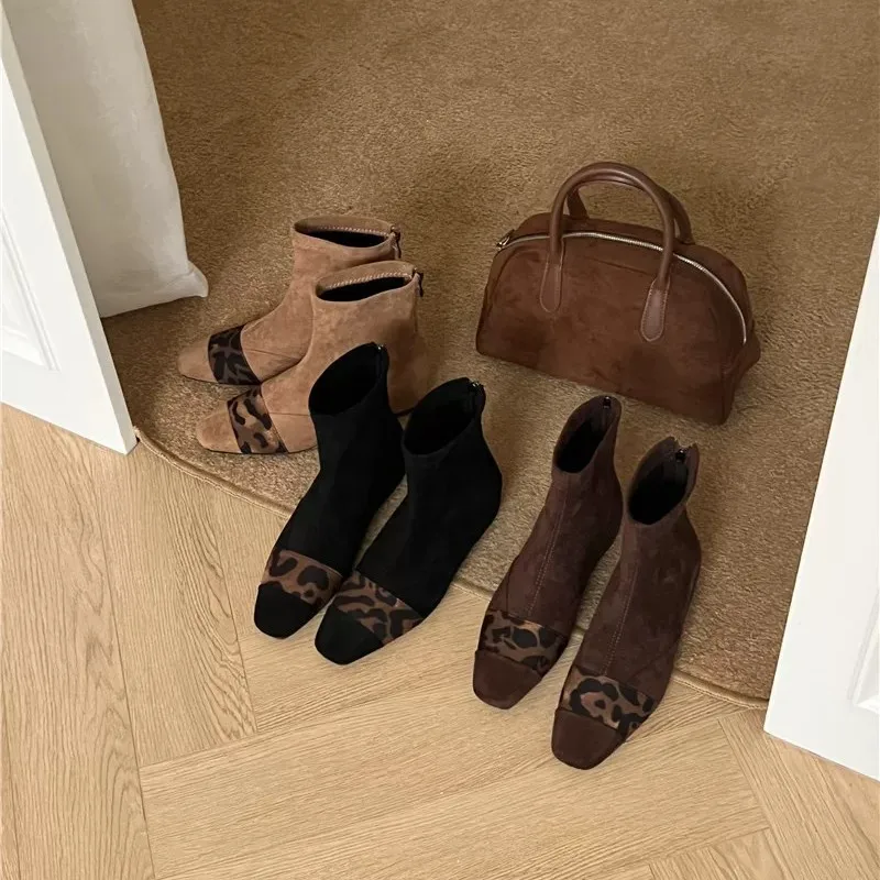

Internally Raised Patchwork Leopard Print Temperament Short Boots for Women, 2025 New Summer French Retro Brown Short Boots