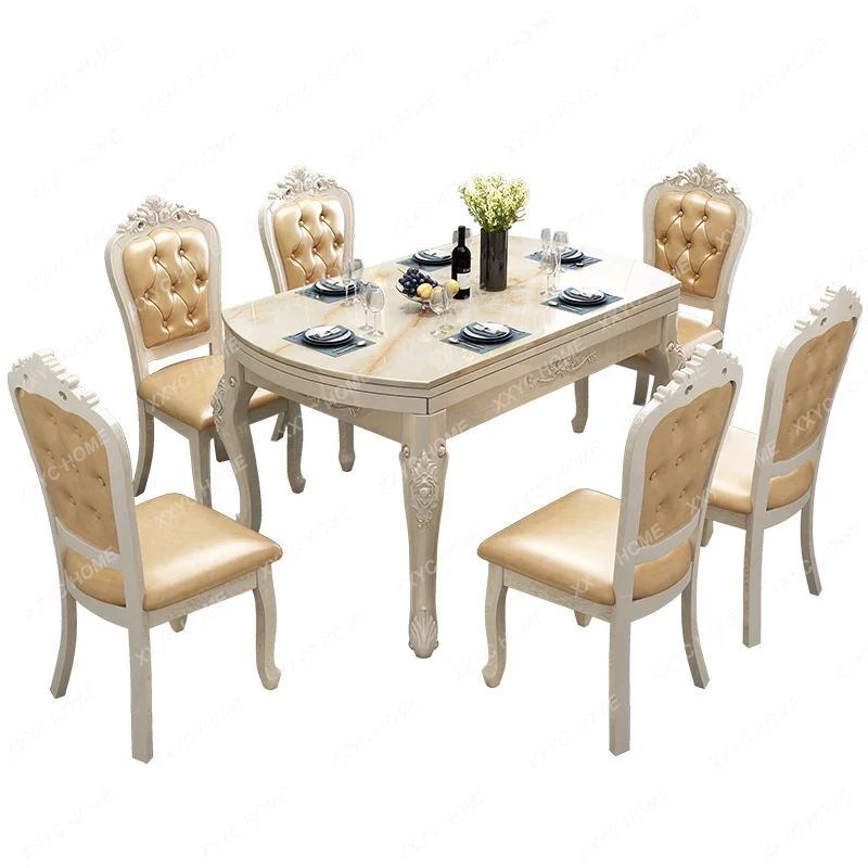 European Marble Dining Tables and Chairs Set Retractable Foldable Dual-Purpose Dining Table