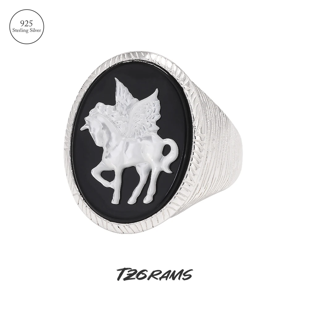 TZgrams 925 Sterling Silver Unicorn Cameo Onyx Ring Woman Black Onyx Earrings Pendant Round Shaped Fashion Vintage Jewelry Set