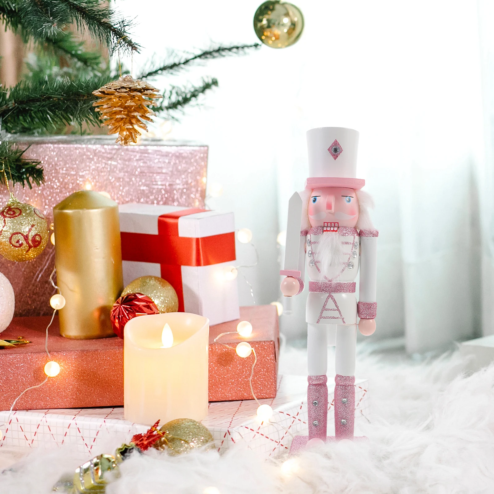 

Christmas Nutcracker Home Decor Wood naments Xmas Craft Tag Bright Pink White Feet Drummer TN3018 H made Gift Idea