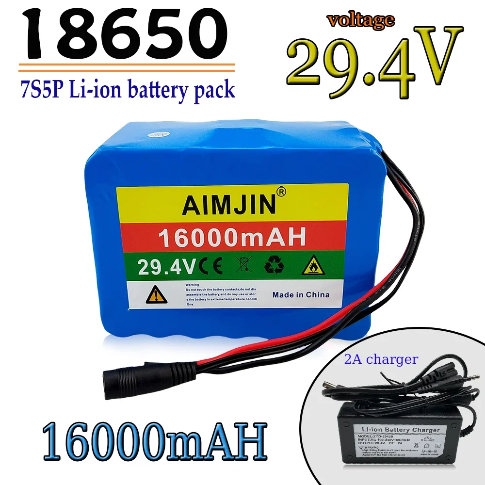 7S5P 18650 Lithium Battery Pack 24V 16Ah 15A BMS 500W 29.4V 50000mAh for Wheelchair Electric Vehicle Plus 2A Charger