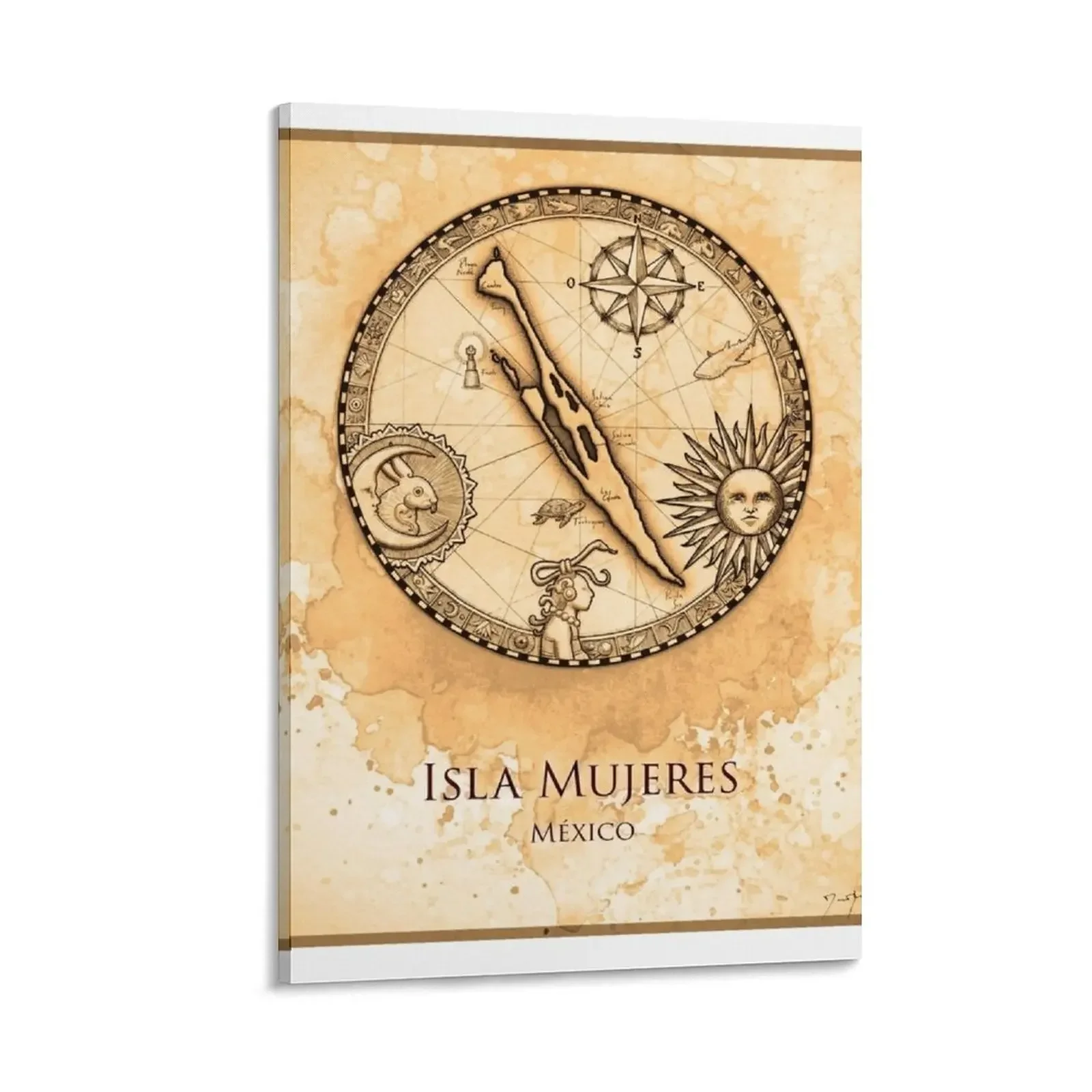 

Round ink watercolor Isla Mujeres Map Canvas Painting decorative wall canvases art Decorative prints wall painting