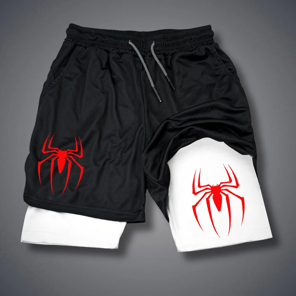 Nowe męskie spodenki wydajnościowe Spider Print GYM Casual sportowe spodenki kompresyjne Run Mesh 2 w 1 sportowe krótkie spodnie