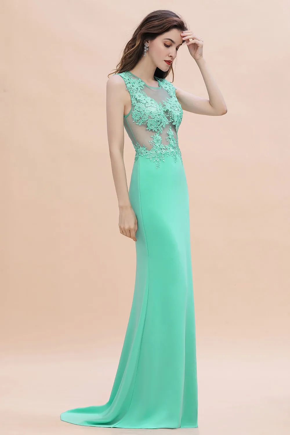 Women's Illusion Bodice Applique Mermaid Long Evening Dresses Sexy Sleeveless Green Maxi Prom Party Gowns Vestido de Festa