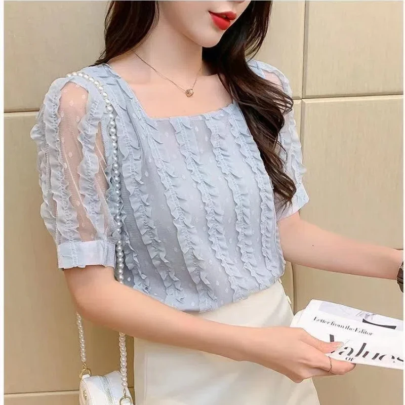 2024 New Summer Korean Edition Simple Short Sleeved Chiffon Pullover Solid Color Square Neck Hollow Lace Women\'s Shirt Top