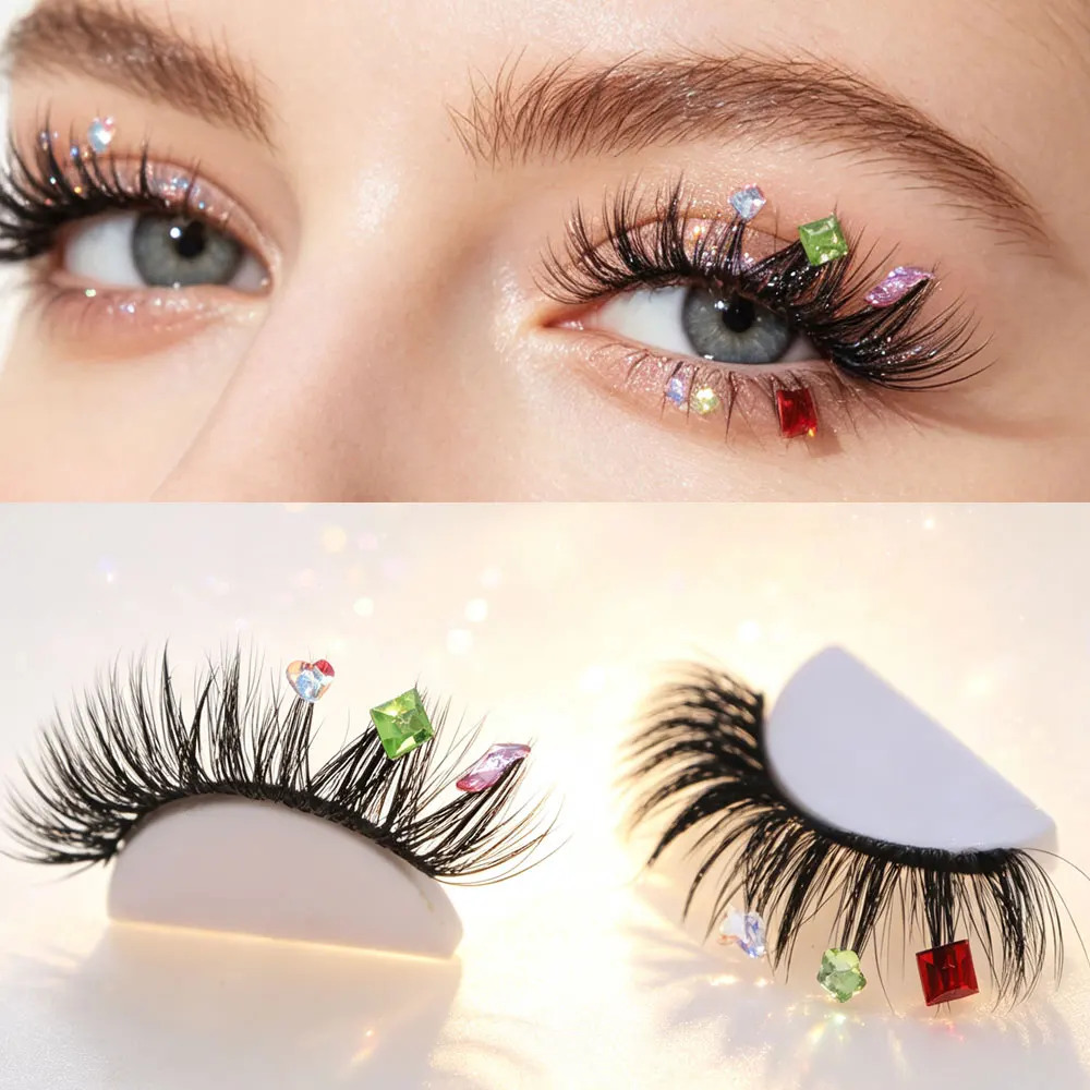 3D Wispy False Eyelashes With Colorful Rhinestone Crystal Diamond, Fluffy Cross Faux Mink Strip Lashes Shiny Heart Square Gem De
