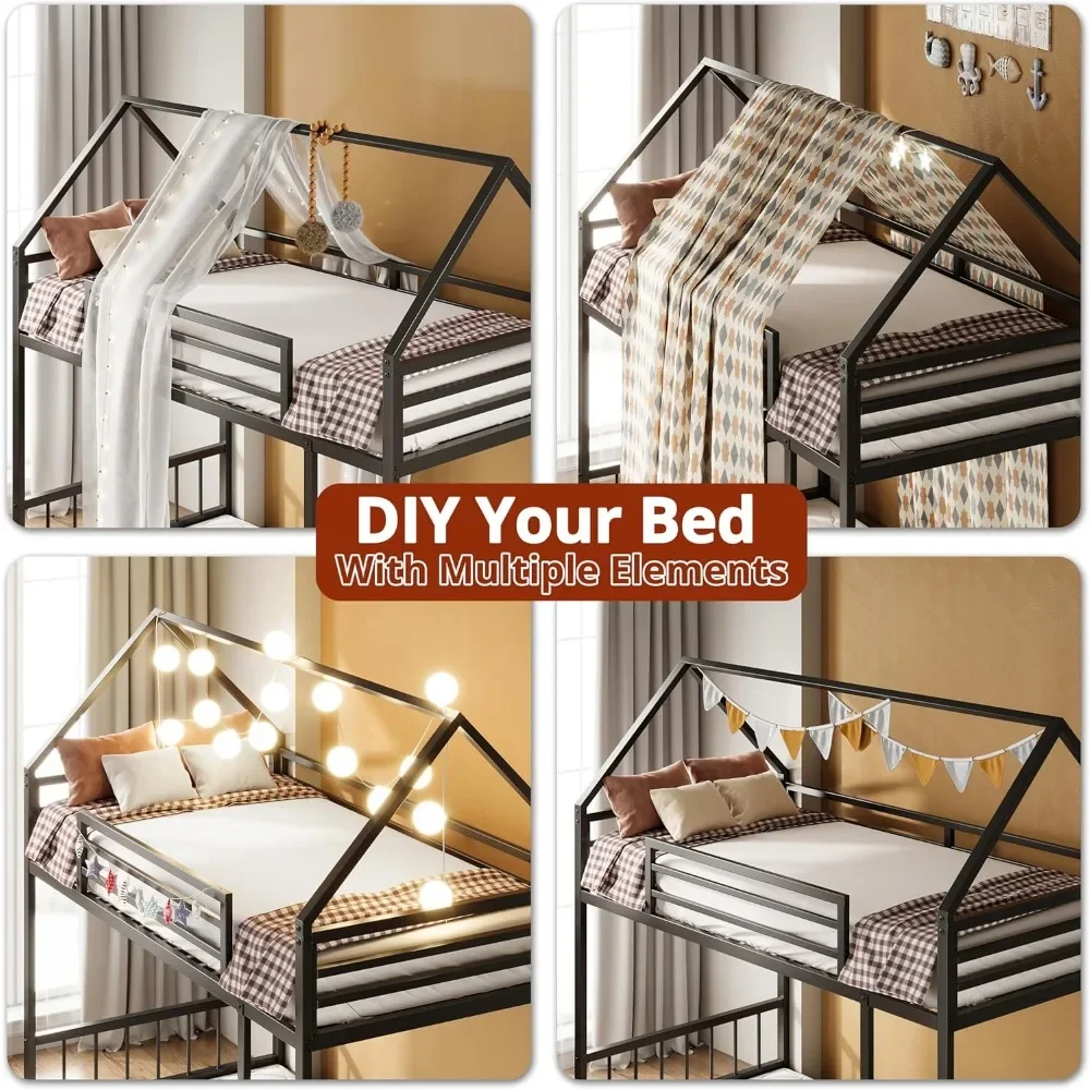 Bunk Bed Twin XL Over Twin XL, Metal Bunk Bed Frame with Ladder and Guardrail, House Shaped with Metal Slats for Dormito view 5
