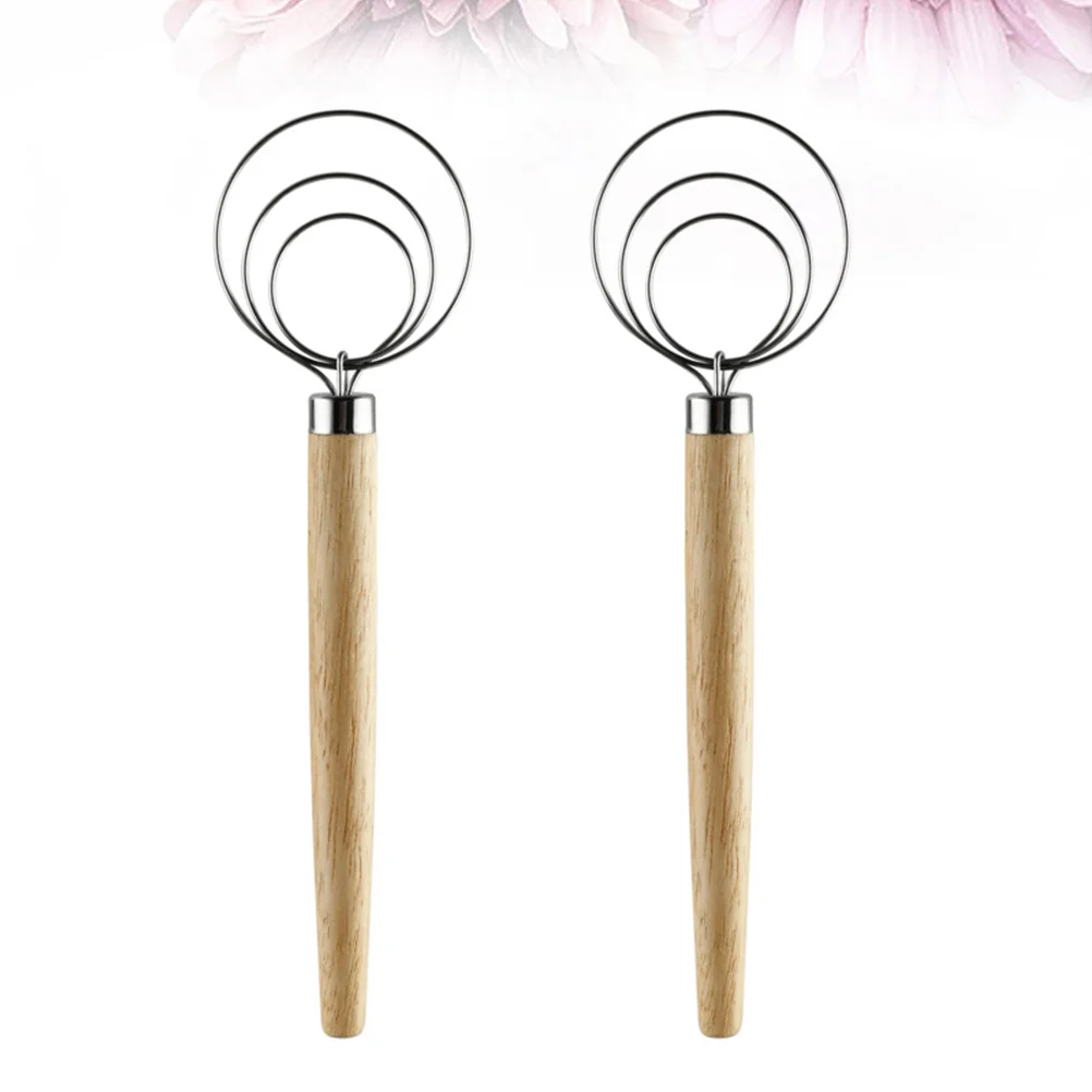 

2 Pcs Dough Whisk Mixer Egg Beater Stainless Steel Agitator Bamboo Kitchenware Household Mixers