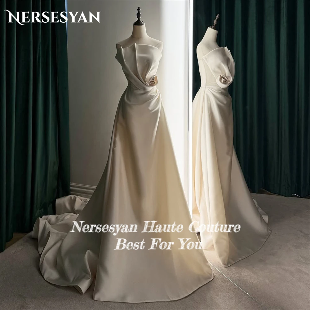 Nersesyan Elegant ซาตินชุดแต่งงาน 3D จีบปิดไหล่ชุดเจ้าสาว Backless สายชุดเจ้าสาวที่กําหนดเอง