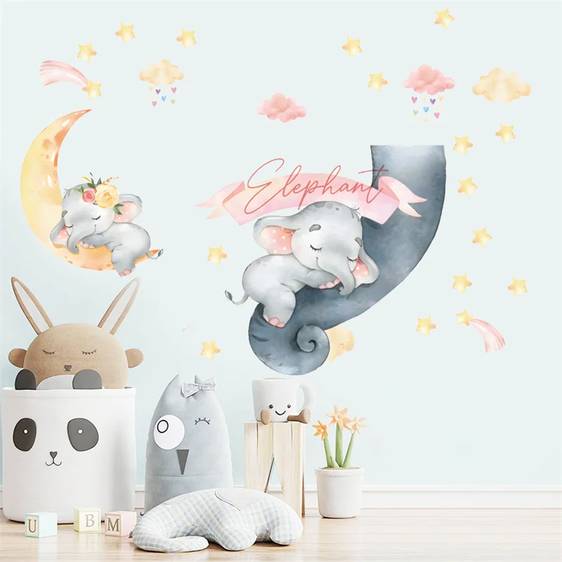 Cartoon Gray Elephant Moon Stars Clouds Wall Stickers Nurserry Wall Decals for Kids Room decor pegatinas de pared