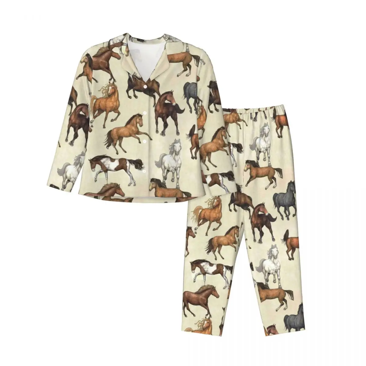 Pajamas Women Sunset Horse Leisure Sleepwear Horses Riding Funny 2 Pieces Vintage Pajamas Set Long Sleeve Oversized Home Suit