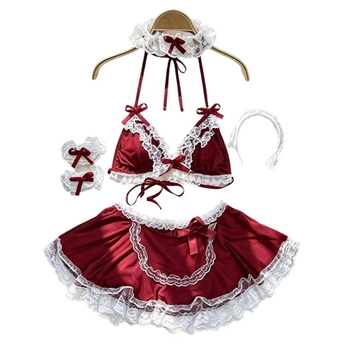 Sexy Maid Cosplay Lingerie Set Ladies Lace Bow Halter Top Mini Skirt Outfit Halloween Party Role Play Costume with Headband Cuff