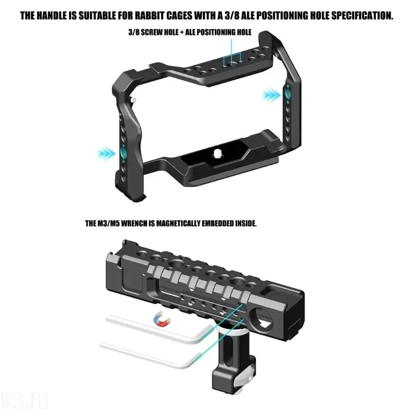 W3JB Kameragriff DSLR-Griff mit 3/8 Zoll 1/4 Zoll Gewindeloch Arca-Loch/obere Gleitschiene zur Gerätebefestigung – Detail 5