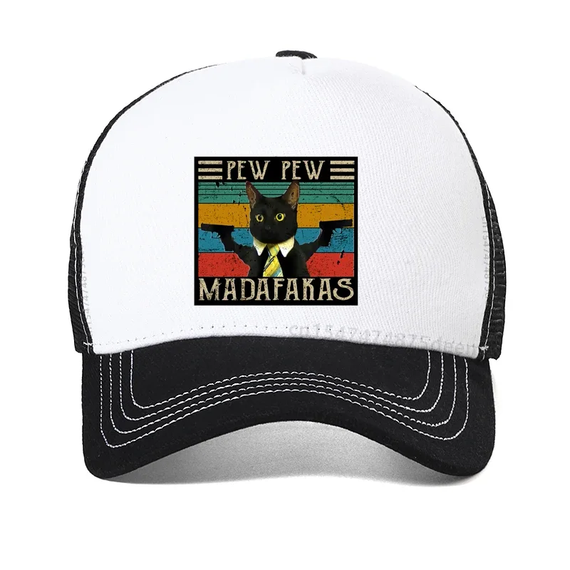 funny cat Pew Pew Madafakas Print Women hat Summer Breathable mesh trucker hat Graphic Double Gun Cat Funny men baseball cap