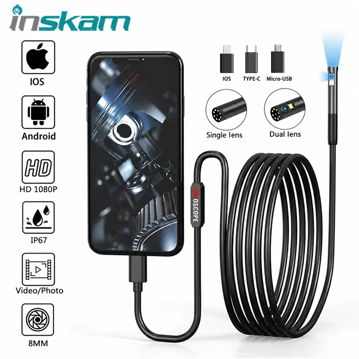 INSKAM Endoscope Inspection Camera 3 in 1 Micro USB/Type-C Mini Inspection Camera for IOS iphone Waterproof Pipeline Borescope