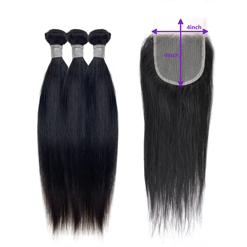 Mèches Brésiliennes Naturelles Remy avec Closure, Cheveux Lisses, 4x4 HD, 10A, 3 Lots, Pre-Plucked, pour Femme