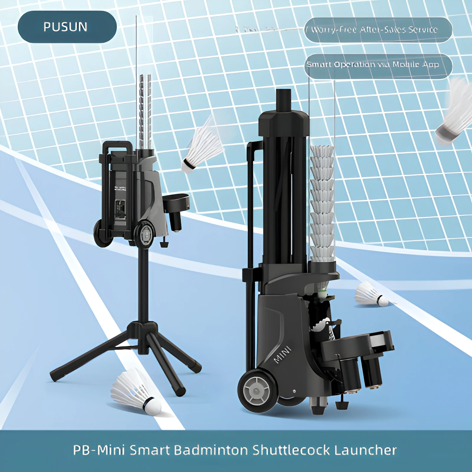 PUSUN New PB-Mini Badminton Ball Machine APP Control 50pcs Portable Single Person Trainer Self-Training Feeding Shuttlecock