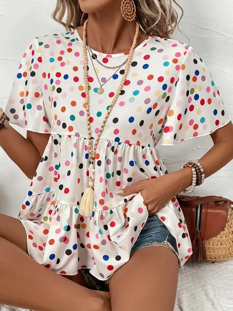 Kemeja Liburan Lengan Panjang Fashion Wanita Ukuran Besar 1XL-5XL Kemeja Blus Cetak Polka Dot Leher Kru Kasual Wanita