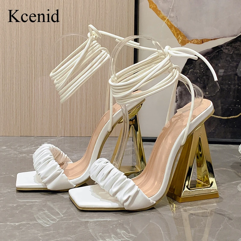 

Kcenid White Strappy Sandals For Women Gold Heels Strange Heel Shoes Sexy Ankle Lace Up Pumps Square Toe New Summer Sandals