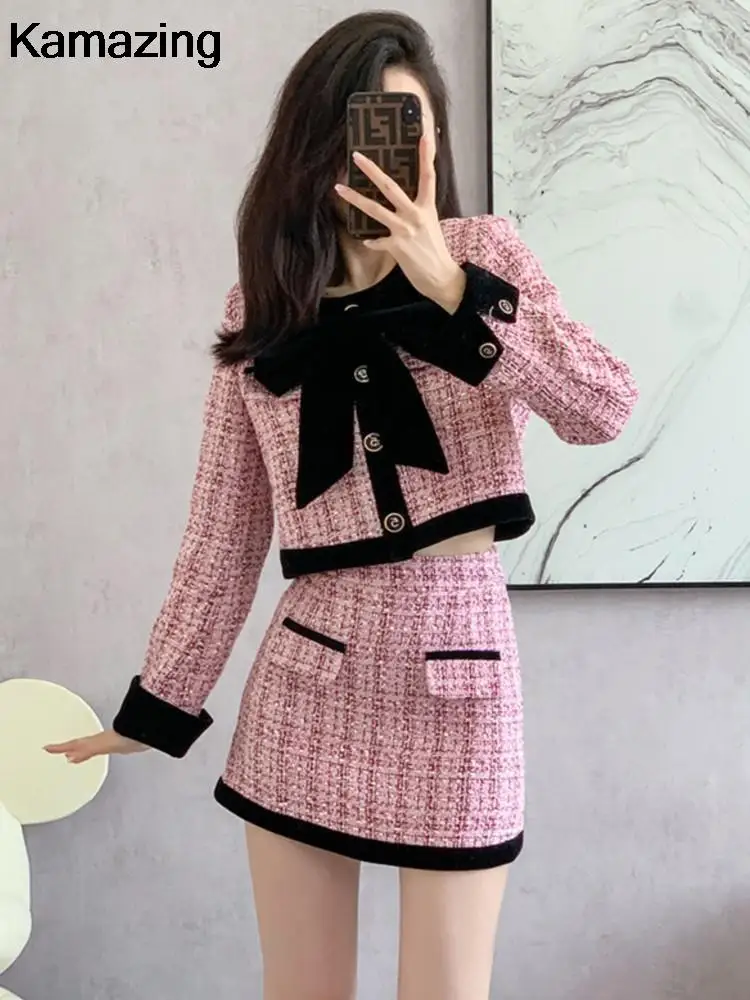 2024 Autumn Winter Tweed Two-Piece Skirt Set Women Short Jacket Coat + Mini Skirt Suits Elegant Korean Fashion Female Outfits