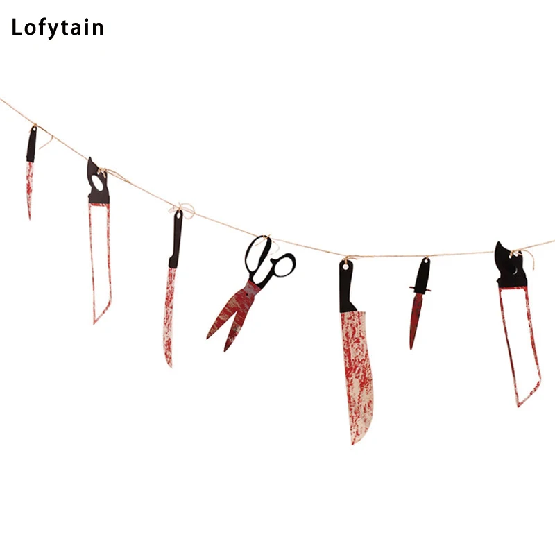 Lofytain 12pcs/lot Halloween Plastic Blood Knife Tools Sets Horror Spooky Haunted House Hanging Knife Garland Banner