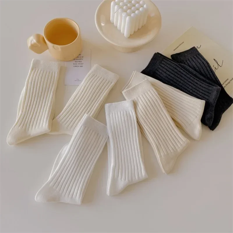 Korean Fashion Cotton Knitting Women Socks Japanese Style School Girls High Socks Women Solid Color Black White Gray Long Socks